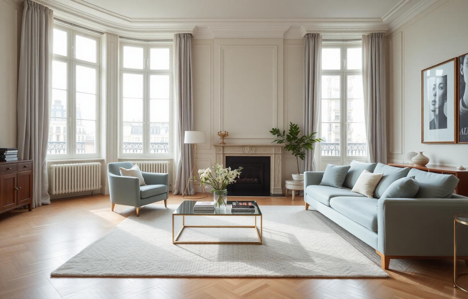 Intérieur parisien lumineux et impeccable